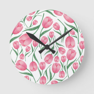 Horloge Ronde Tulipes roses élégantes motif floral