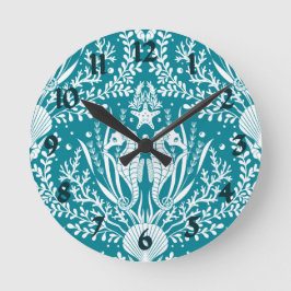 Horloge Ronde Turquoise Bleu Blanc Hippocampe Océan Vie marine C