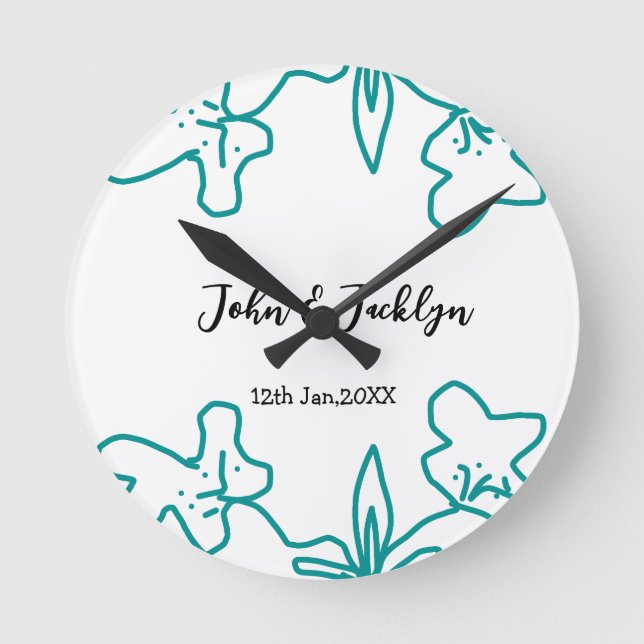 Horloge Ronde Turquoise blue wedding couple name date flstylish  (Recto)