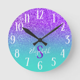 Horloge Ronde Turquoise monogrammée et Violet Glitter ombre