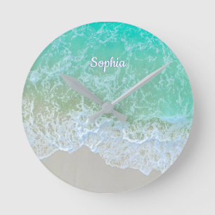 Horloge Ronde Turquoise Ocean Wave, Personalize Nom ou Monogram