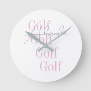 Horloge Ronde Typographie rose de golf féminine personnalisée