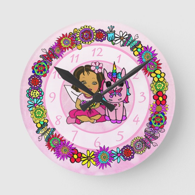 Horloge Ronde Unicorne et fée Whimsical Folk Art Girl's (Recto)