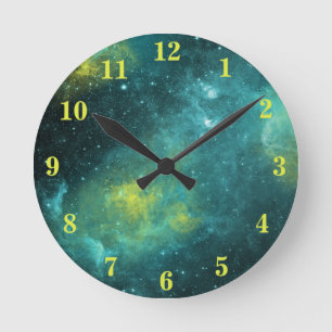 Horloge Ronde Univers Etoile Nébuleuse Jaune Aquarelle Espace