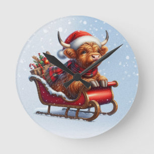 Horloge Ronde Vache de Père Noël écossaise dans les montagnes