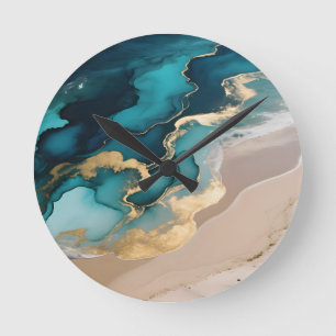 Horloge Ronde Vagues de résine océanique aérienne Turquoise Or C
