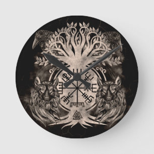 Horloge Ronde Vegvisir -Yggdrasil Avec Ravens & Wolves