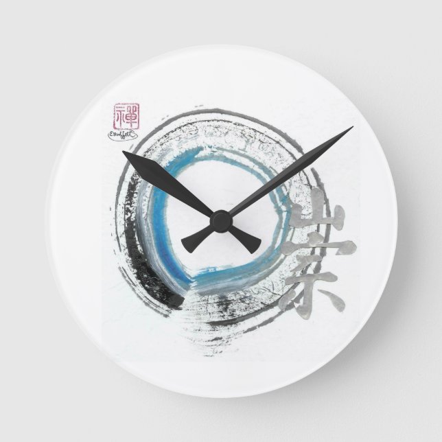 Horloge Ronde Vénération de zen, tons d'Enso [bleu, noir, (Recto)