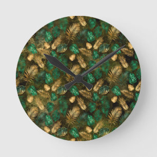 Horloge Ronde Vert Jaune Tropical Feuilles De Palmier Jungle