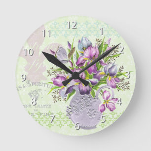 Horloge Ronde Vert lunatique de fleurs pourpres minables