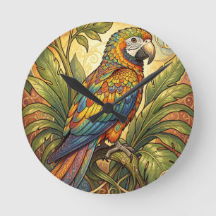 Horloge Ronde Vibrant Perroquet Arc-en-Ciel Art Nouveau