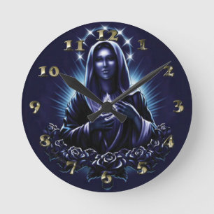 Horloge Ronde Vierge Marie béni par pourpre et roses
