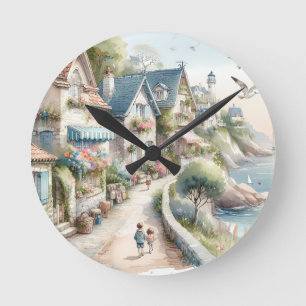 Horloge Ronde Village de cottage côtier pastel