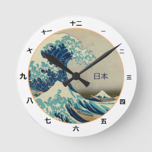 Horloge Ronde Vintage Japan, Great Wave off Kanagawa kanji clock