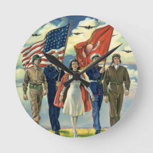 Horloge Ronde Vintage Patriotique, Fiers Héros du personnel mili