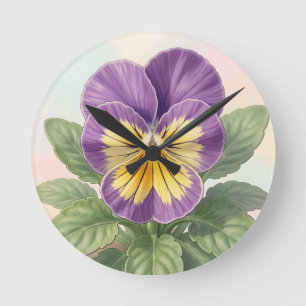 Horloge Ronde Violet Jaune Vibrant Fleur de Pensée Botanique