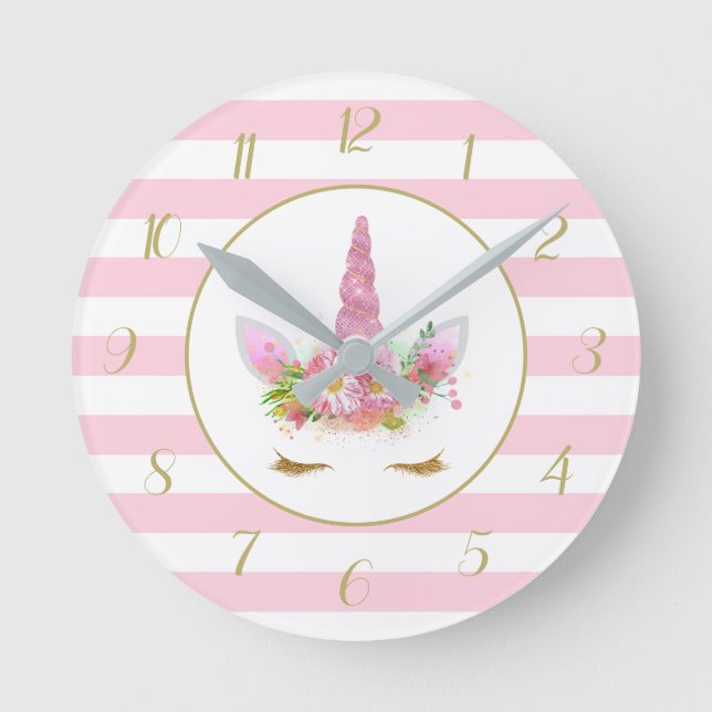 Horloge Ronde Visage de licorne rayé rose mignon (Recto)