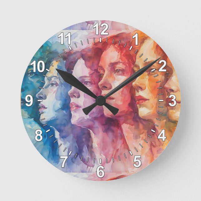 Horloge Ronde Visages des femmes - Peinture aquarelle (Recto)