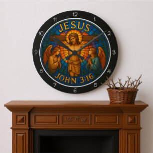 Horloge Ronde Vitraux Jésus Jean 3:16