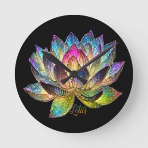 Horloge Ronde Vitre Coloré Fleur de Lotus sur Fond Noir