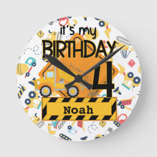 Horloge Ronde voiture camion de construction jaune 4e anniversai