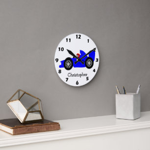 Horloge Ronde Voiture de course bleue personnalisée