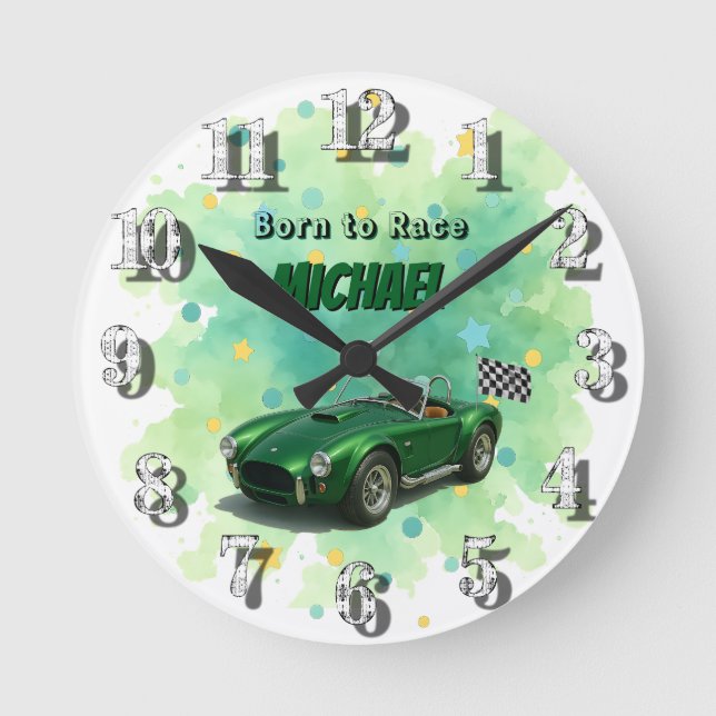 Horloge Ronde Voiture de course verte de fête d'anniversaire 10  (Recto)