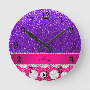 Horloge Ronde Volleyballs au néon pourpres de parties