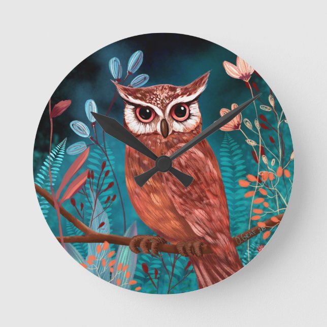 Horloge Ronde Vom Künstler handillustrierte Eule – Boho Natur (Recto)
