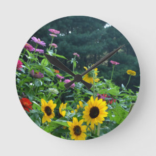 Horloge Ronde Vue jardin- tournesol, marguerites, cosmos