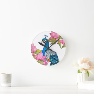 Horloge Ronde Watercolor peacock