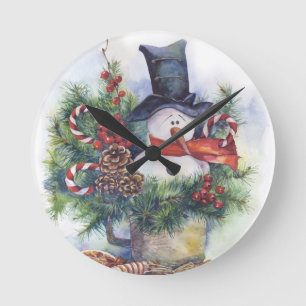 Horloge Ronde Watercolor snowman Christmas tree New Year winter