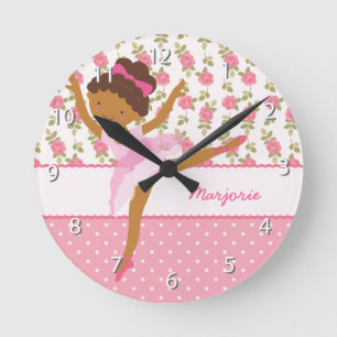 Horloge Ronde Whimsical Ballerina Girly Floral Pink Personalized