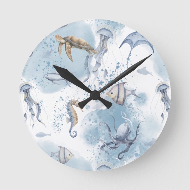 Horloge Ronde Whimsical Underwater World – Sea Creatures Pattern (Recto)