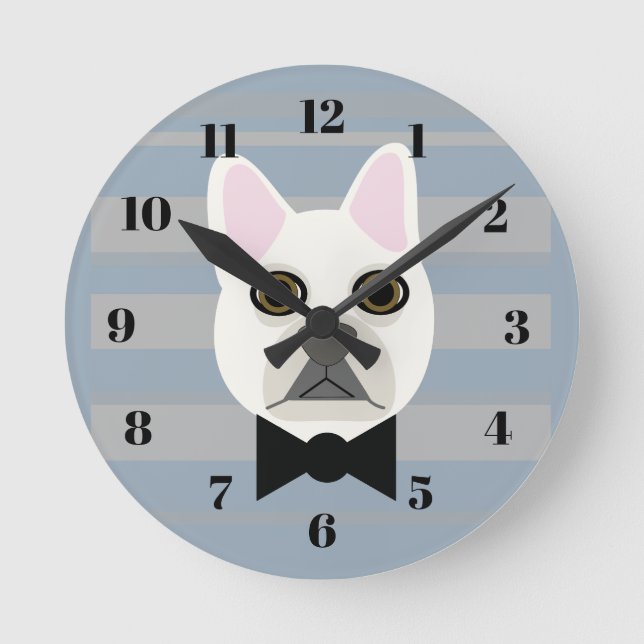 Horloge Ronde White French Bulldog, Stripes (Recto)