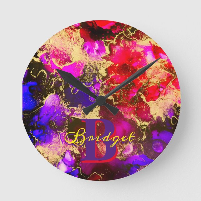 Horloge Ronde Wild Purple and Fuscia Alcohol Ink (Recto)