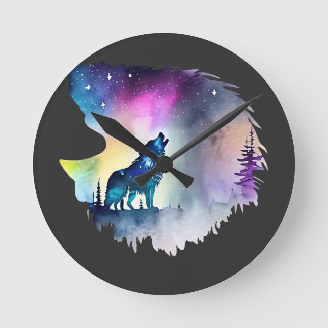 Horloge Ronde Wolf Howling aux aurores boréales (Recto)