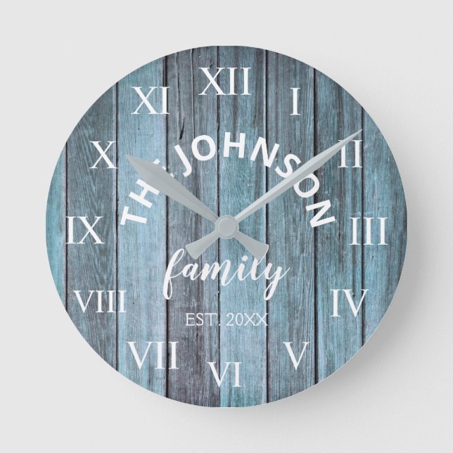 Horloge Ronde Wood Nom de famille personnalisé Rustic Beach (Recto)