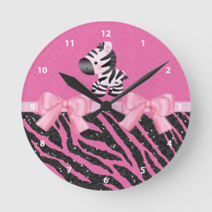 Horloge Ronde Zèbre, parties scintillantes et arcs roses et