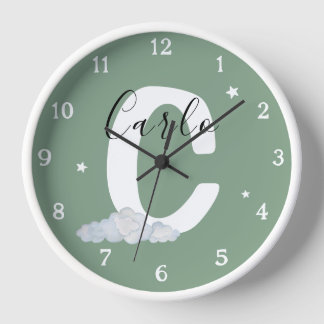 Horloge Round White Wood Frame Monogram Nursery Wall Clock