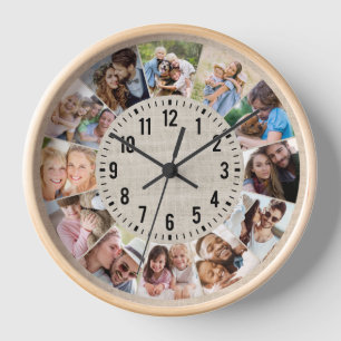 Horloge Rustic Burlap Personnalisé 12 Photo Collage
