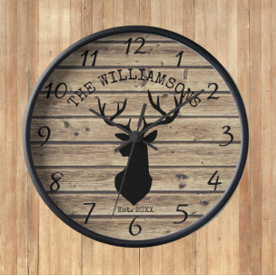 Horloge Rustic Family Name Wood Cabin Deer Buck Large Cloc