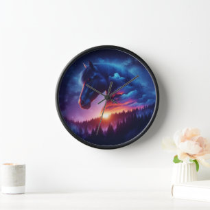 Horloge Silhouette de cheval dans un paysage de forêt de c