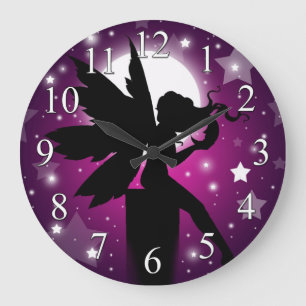 Horloge silhouette fée Lune violette et étoiles
