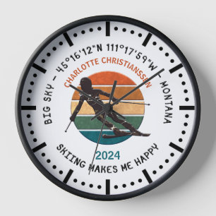 Horloge Ski Big Sky, Montana - Femme skieuse, Texte noir