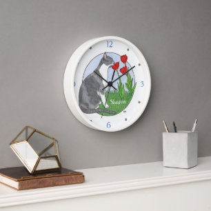 Horloge Songez au chat aux fleurs avec tulipes personnalis