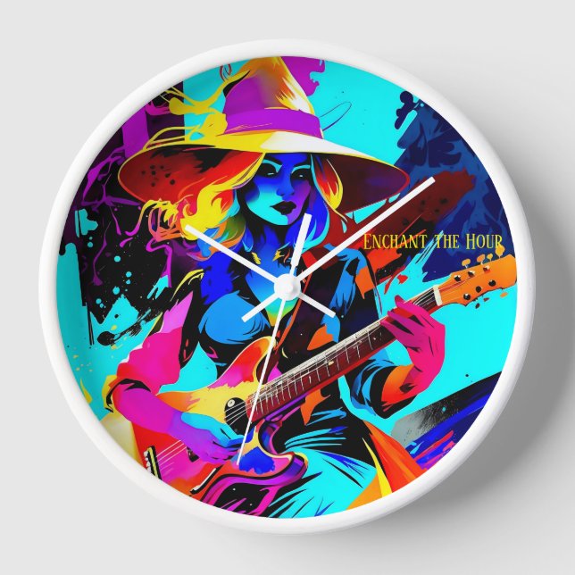 Horloge Sorcière guitariste pop-art colorée (Recto)