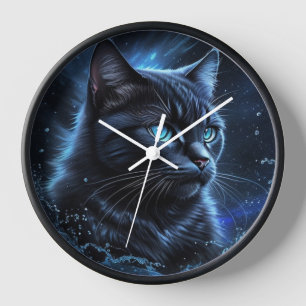 Horloge Starry Night Bleu Chat noir Splash Art