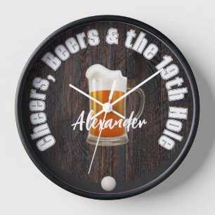 Horloge T-shirts Bières et Boules de Golf 19ème Trou Bois 