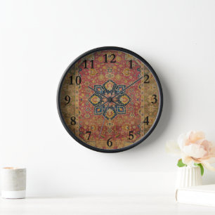 Horloge Tapis persan asiatique Kashan or rouge